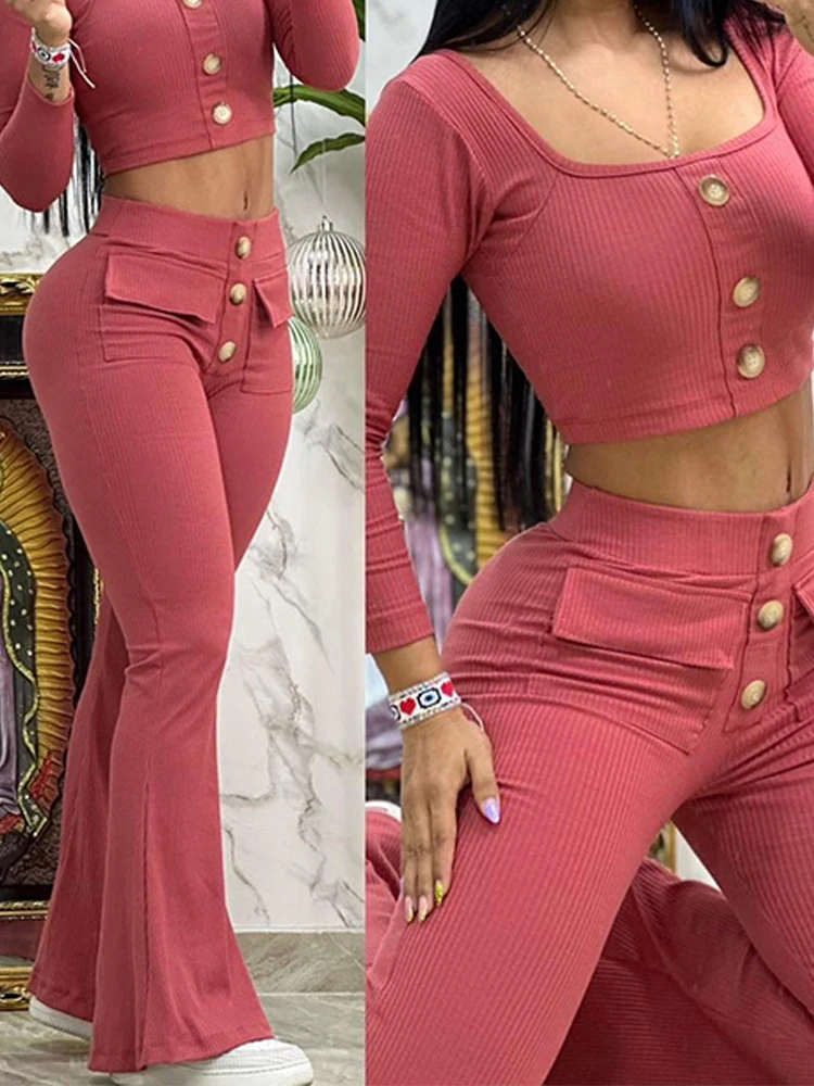 Conjunto elegante de 2 piezas para mujer, Top abotonado con cuello cuadrado y pantalones acampanados con diseño de bolsillo, chándales, primavera y