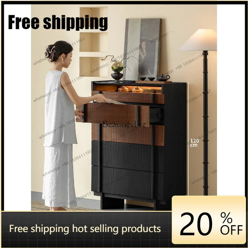 JJ  Solid Wood Teak Chest Living Room Bedroom Storage Wabi Wind Bedside Cabinet