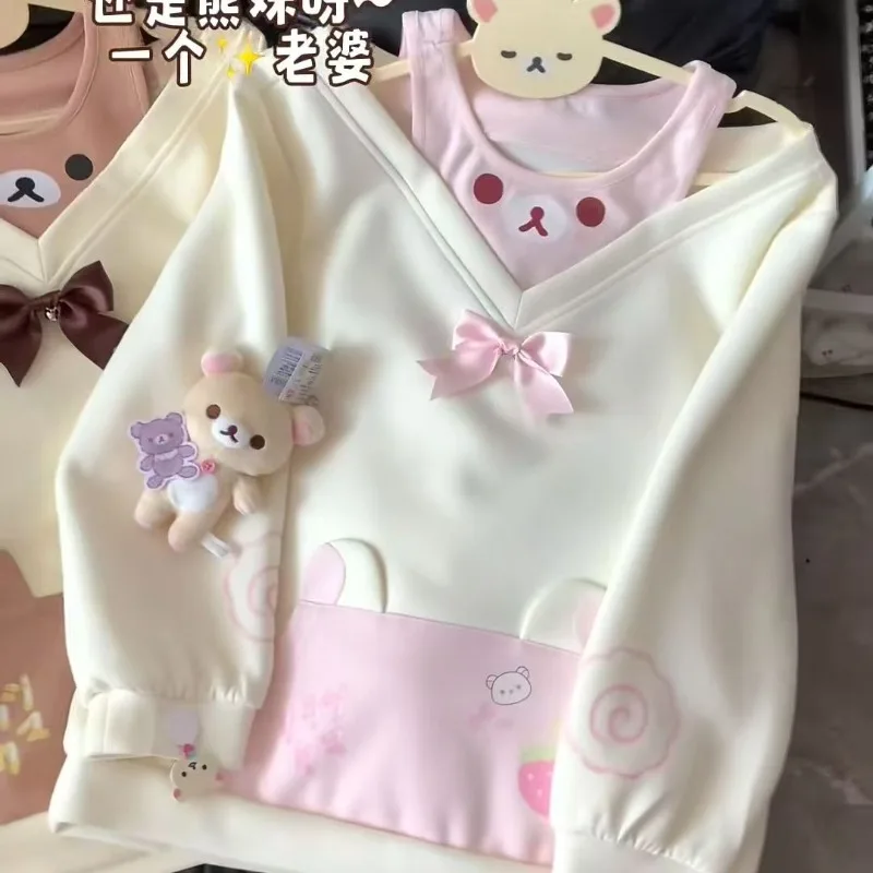 Kawaii القوس الأعلى Y2K مطبوعة الحلو هوديي المرأة الخريف لطيف الكرتون أنيمي قميص قطني بكم طويل كاذبة 2 قطعة الفتيات الحلو هوديس