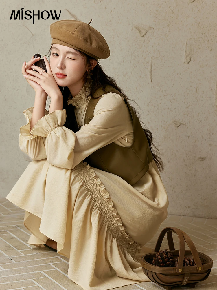 MISHOW Women's Chinese V-neck Leather Vest Autumn 2024 Loose Sleeveless Single Button Top Female Solid Outer Coats MPD42W0421