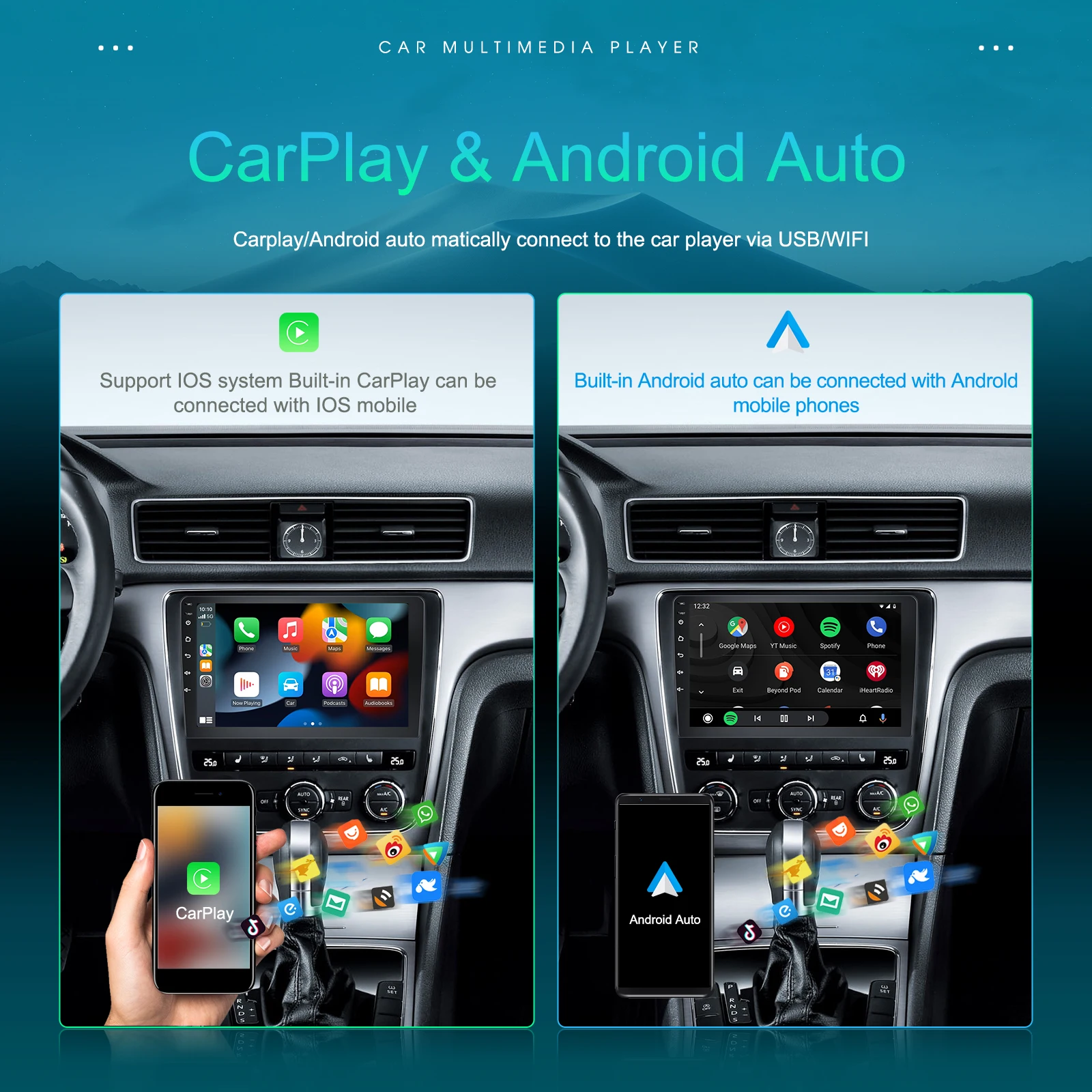 Podofo 9'' Wireless Carplay Android Auto Radio For Universal Frame Car Intelligent Systems GPS Navigation BT FM/RDS 2din Autoradio Plug&Play Head Unit SWC Car Multimedia Stereo Wifi Multimedia Stereo EQ Mirrorlink USB