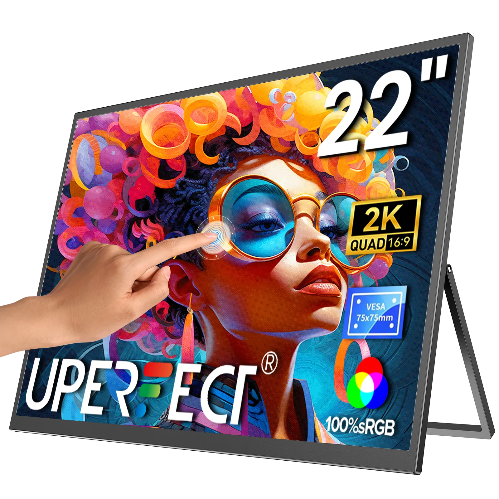 

UPERFECT 22" 2K Touchscreen Portable Gaming Monitor 2560*1440 QHD Built-in Stand & VESA HDMI Type C External Display for Mini PC