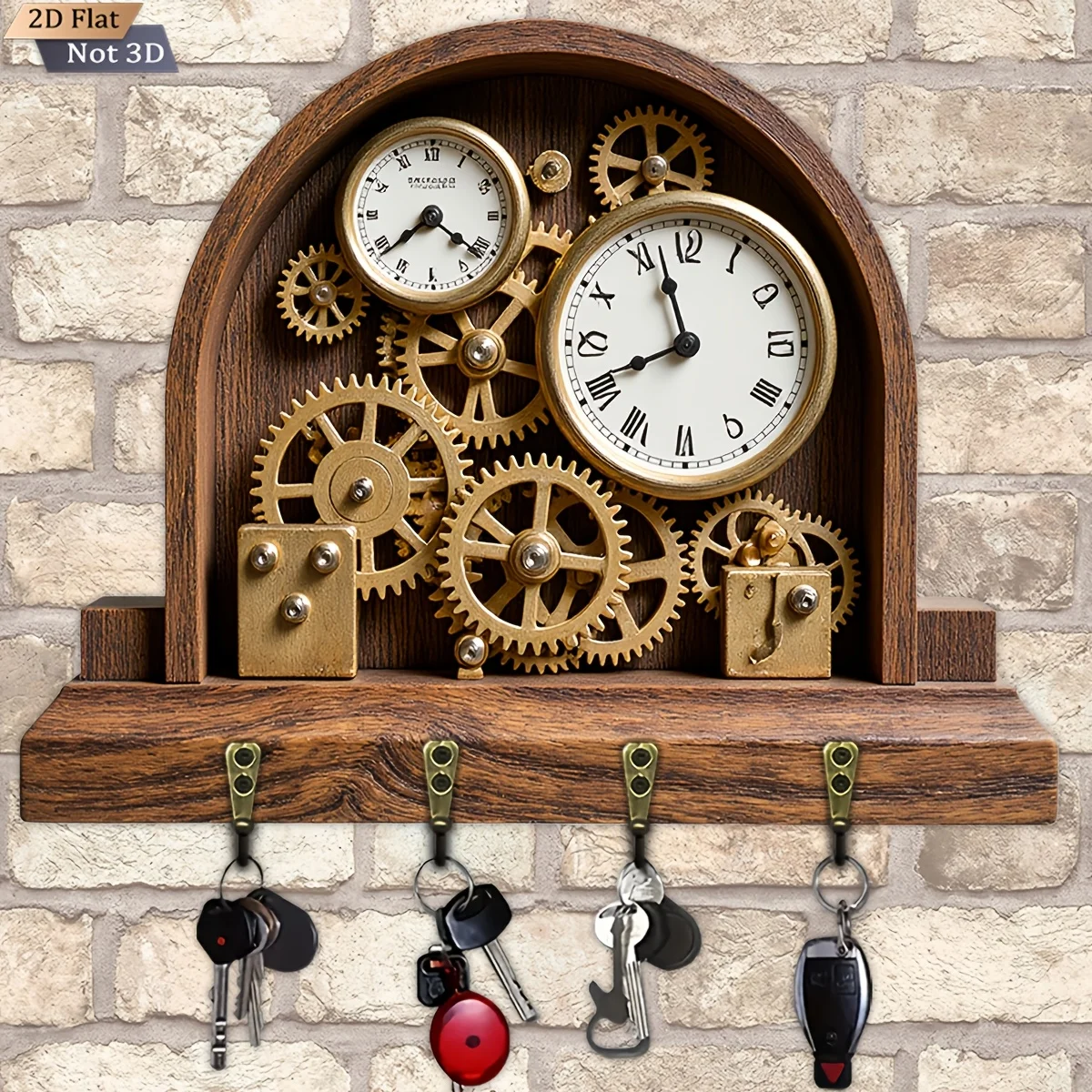 2D Flat, 1pc, Vintage Gear Wooden Key Hook, Wooden Multi-functional Home Key Hanger, with Four Metal Hooks, Wall Decoration,
