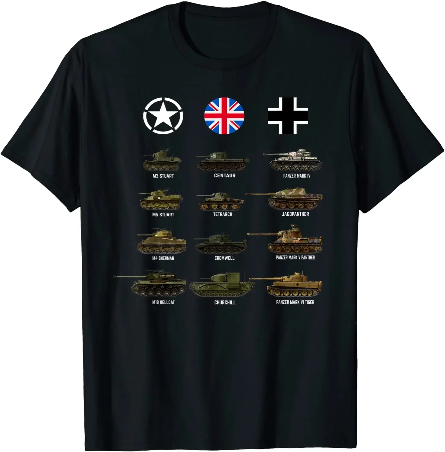 

WW2 Tanks Sherman Hellcat Panzer Tiger Panther for Tank Fans Men T-Shirt 100% Cotton Men Clothing