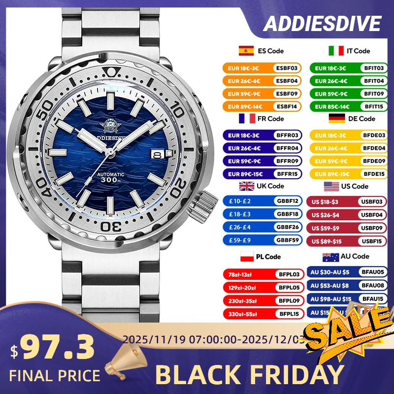 ADDIESDIVE Automatic Diver Watch 300M Waterproof NH35A Ceramic Bezel Sapphire Crystal BGW9 Lume Stainless Steel 41mm AD2098