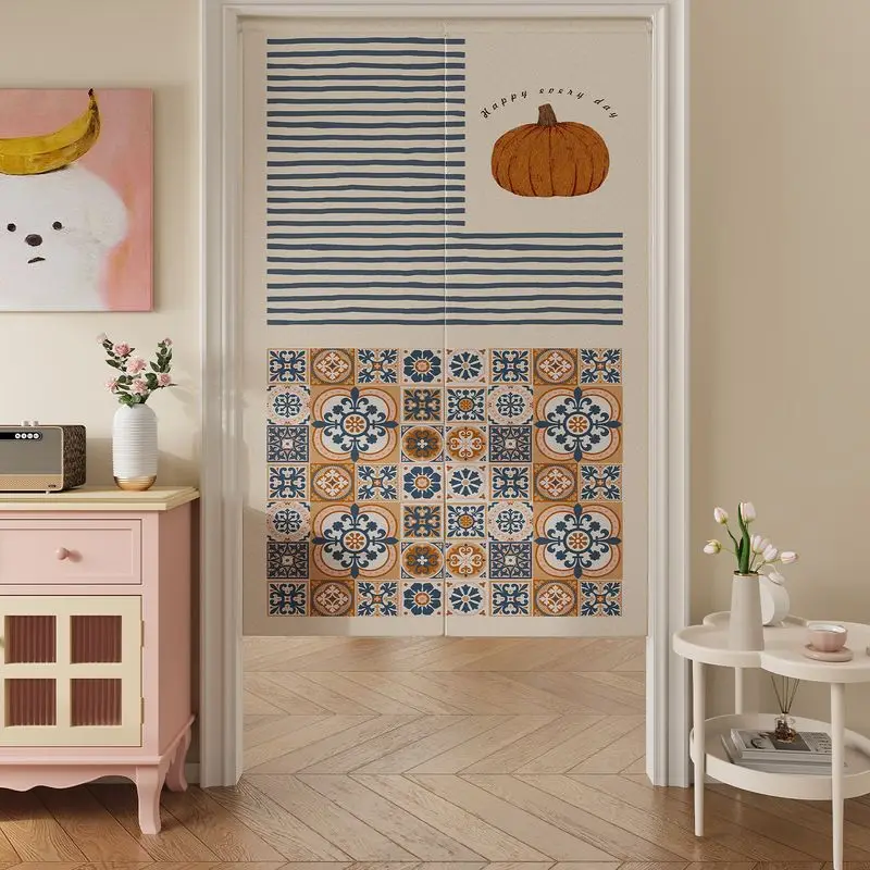 VIKAMA Japanese Retro Stamp Grid Cartoon Element Noren Doorway Curtain Room Divider Tapestry for Dorm Lovely Home Decor