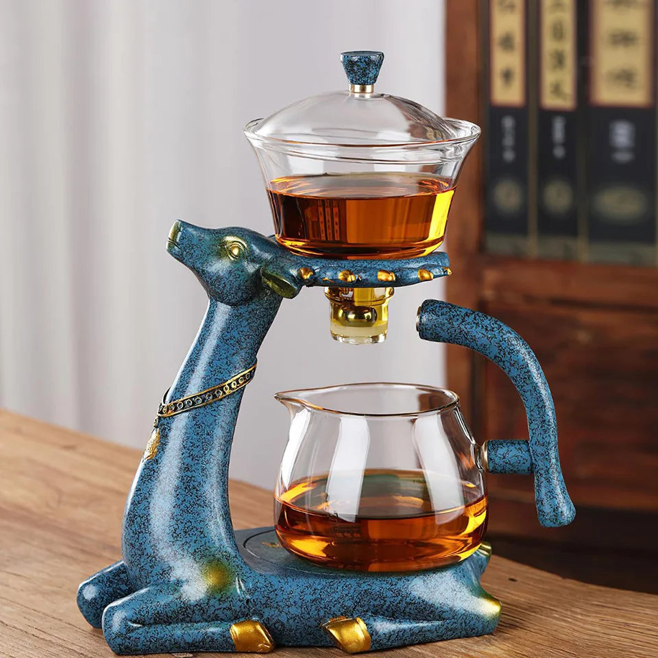 

BOZZH Creative Glass Teapot Cute Deer Automatic Tea Maker Pu'er Oolong 6 Teacup Household Tea Set Holder Base Gift For Friend
