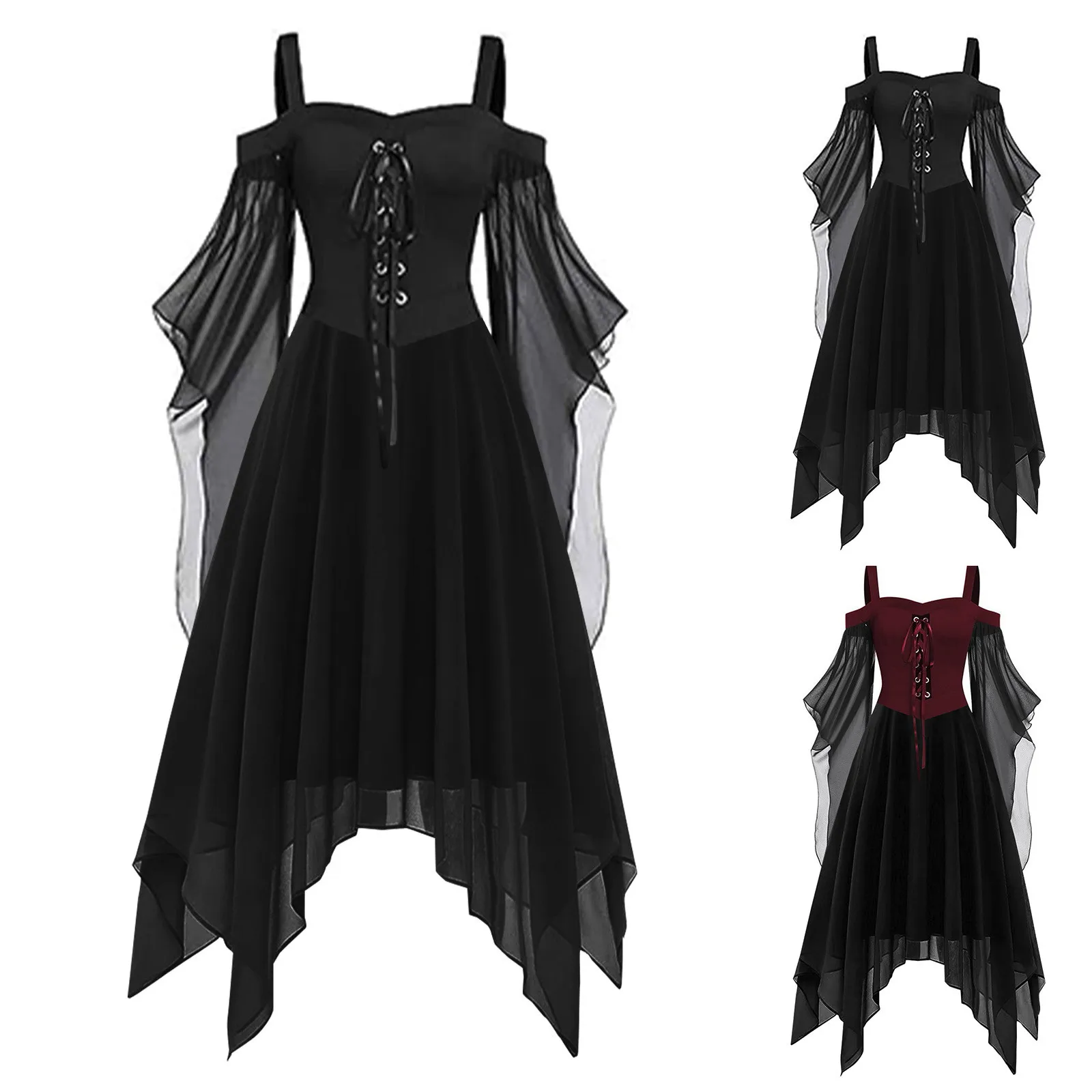 Halloween Witch Cosplay Costumes Gothic Off Shoulder Lace-up Vestidos Bandage Mesh Sheer A-line Long Party Dress for Women