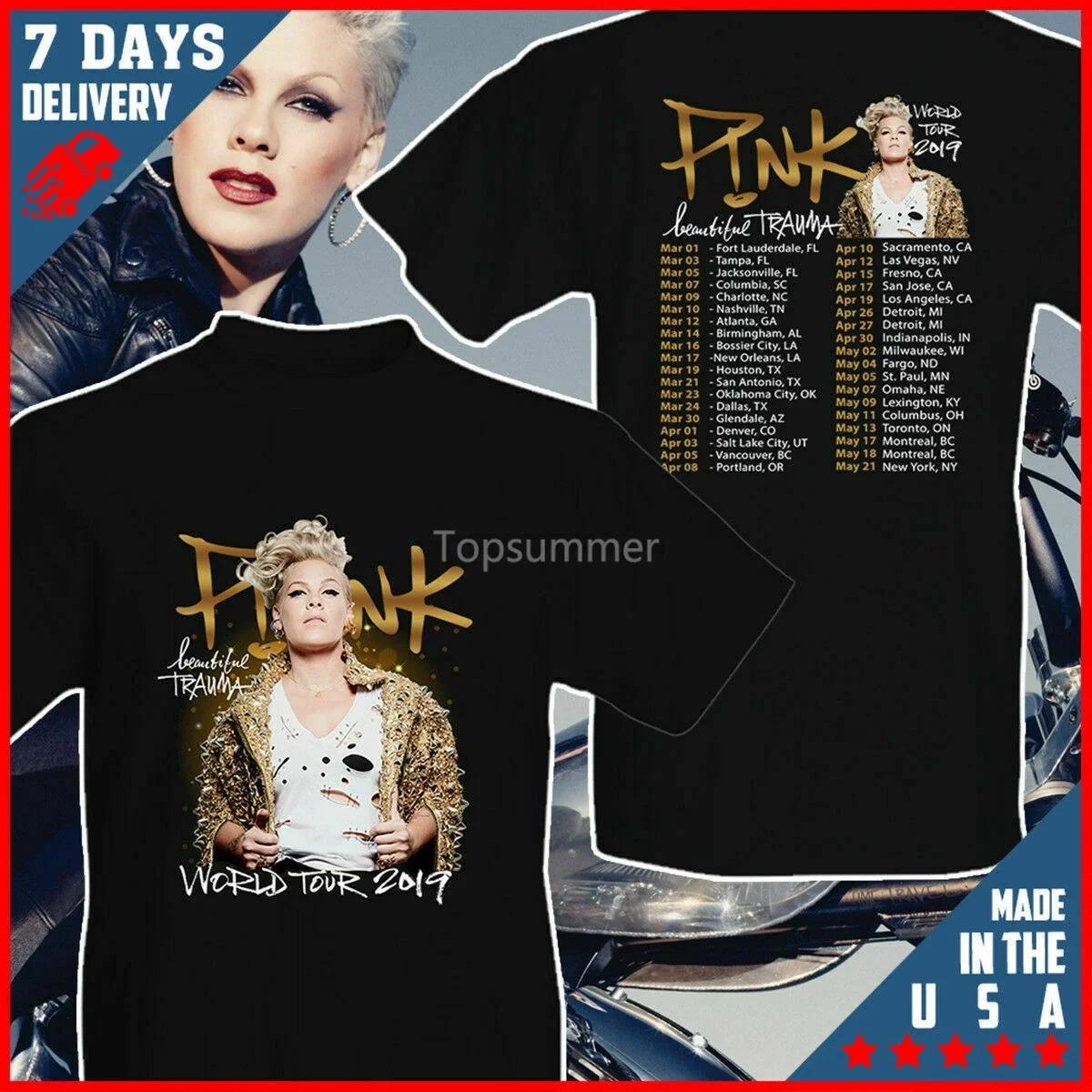 

Neu Pink Singer Beautiful Trauma Tour 2019 T Shirt Back Cotton S-6Xl