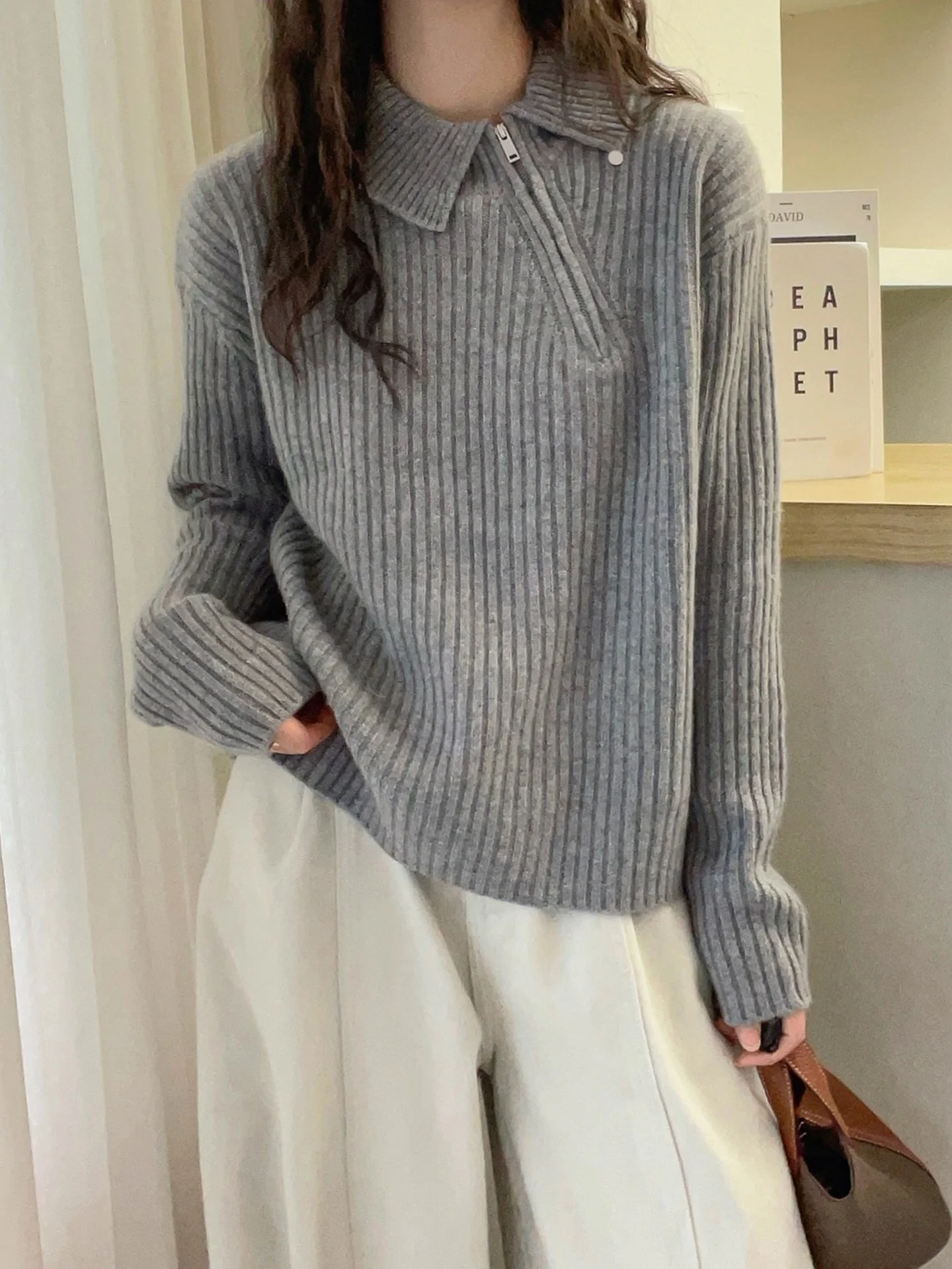 Damen Faionable Pure Color Camere Pullover Loose Long Sve Overhead Strickoberteil Schlankheitsstreifen Winter SLE Damen...