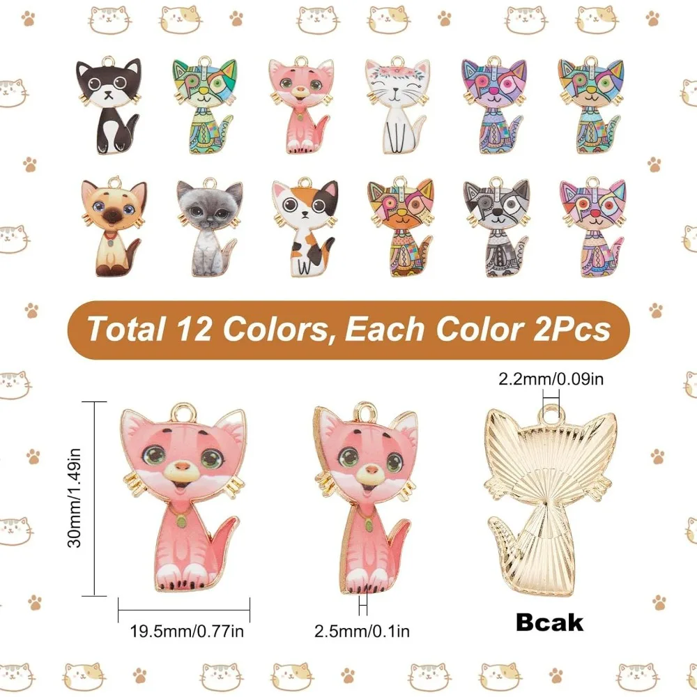 1 Box 24Pcs 12 Style Colorful Cat Charms Cat Charm Bulk Adorable Cute Cats Animals Kitten Charms Dangle Enamel making kit