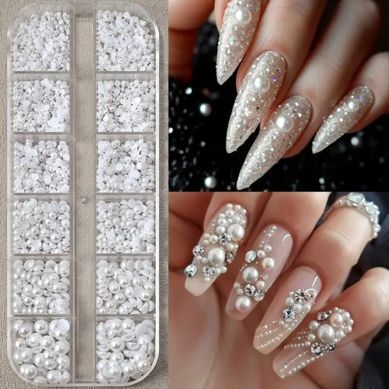 

12 Grid Mixed Flat Bottomed Pearl Half Round Rhinestones 3D Nail Decoration Nail Jewelry Nail Charm Manicure Art