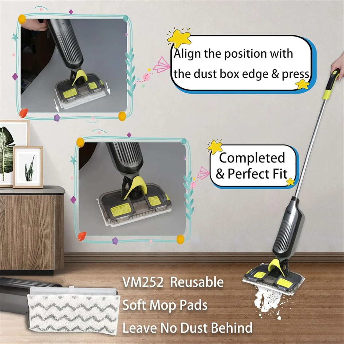 ขายร้อนReusable Mop PadเติมสําหรับVacmop VM252 VM250 VM200 VM190 เปลี่ยนสูญญากาศMop Pads