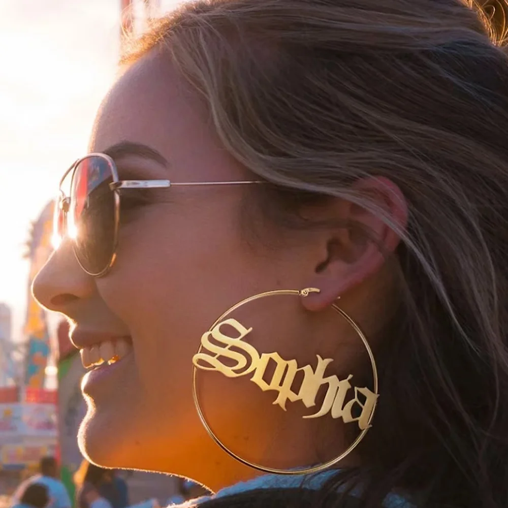 

Stainless Steel Personalized Customize Name Hoop Earrings Jewelry For Women Girls Circle Earring Fashion 30-60 MM