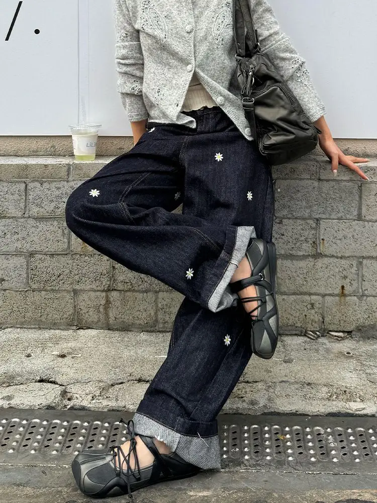 ديبتاون زهرة سوداء إلكتروني التطريز النساء الجينز الجمالية غسلها واسعة الساق الكورية موضة مستقيم سراويل جينز فضفاض Gyaru