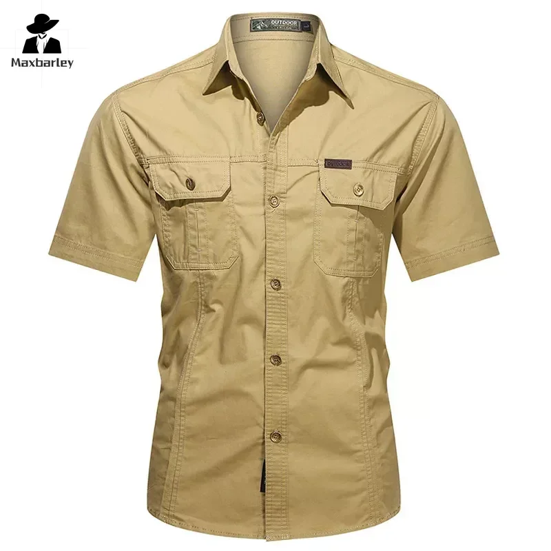 Men's Streetwear Casual Button Down unload Cargo Shirt Short Sleeve Cotton Dress Shirts For Hiking Fishing Golf Polos Shirts