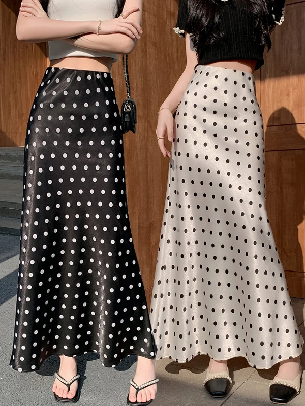 

Acetate Satin Polka Dot f Skirt Women's Spring Summer Drapey A-Line Fi Tail Long Skirt High Waist Casual ape