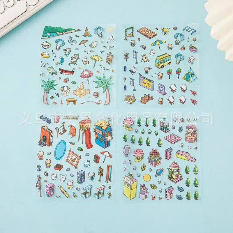 Cute Cartoon 3D House Landscape Sticker Stationery Decoration Decompression Hand Account Gift for Children Stereoscopic Stickers