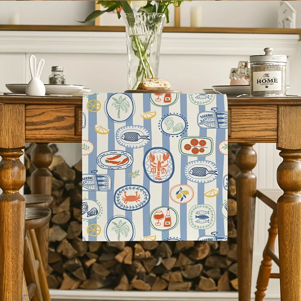 Painted Mediterranean Seafood Table Runner, Blue & White Striped Nautical Decor with Crab Lobster Print for Beach Parties Seafoo