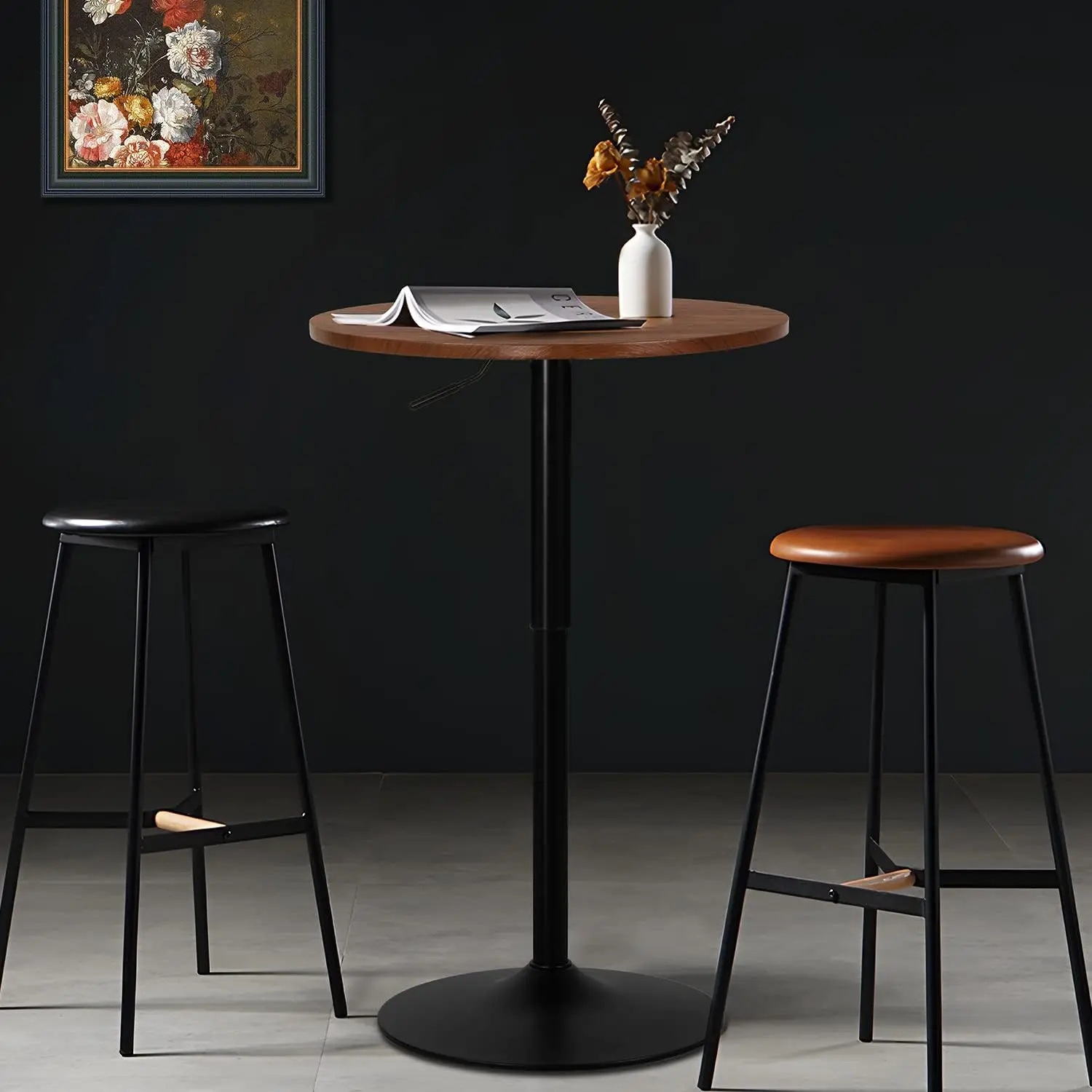 Round Bar Table, Height-Adjustable，Pub Tables with Black Leg and Sturdy Base, 360° Swivel Table for Kitchen Bistro Bar Cocktail