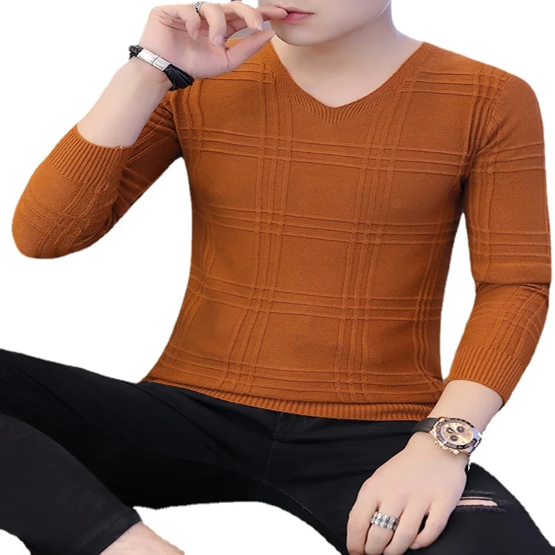 

Men's New Fashion V-neck Solid Color Slim-fit Pullover Sweater Casual Long-sleeved Knitted Shirt