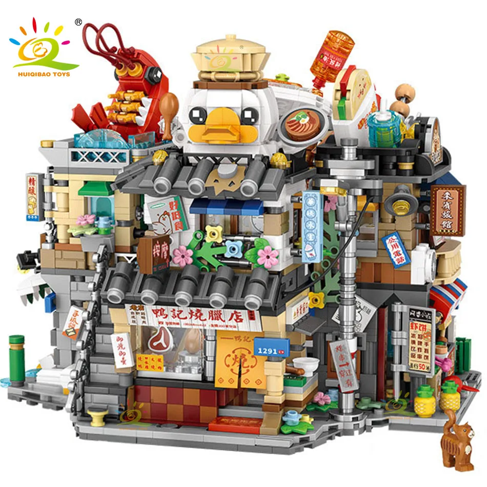 HUIQIBAO City Mini Chinese Street View Gourmet Shop Micro Building Blocks Set Seafood Restaurant DIY Bricks Toys For Children