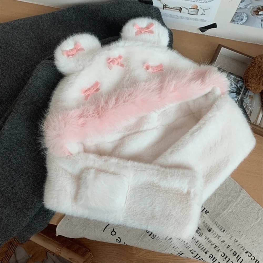 

Casual Fluffy Bow Ear Protection Hat Ear Protection Thickened Beanies Cap Cold Proof Keep Warm Women Hooded Hat Female/Girls