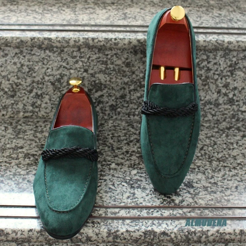 Retro Loafers Suede Leather Contrast Braided Rope Slip On Flat Thin Sole Trendy Men's Outdoor Daily Comfort Casual Board Shoes