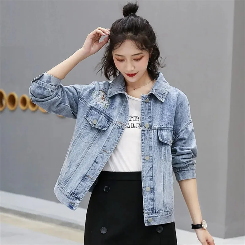 2025 New Denim Jacket Flower Embroidery Hole Design Jean Coat Causal Long Sleeve Women Outwear Short Fashion Top Clothes W1893