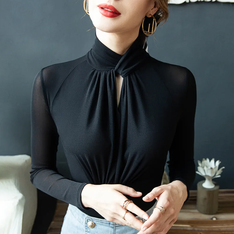 

Long Sleeve Top Turtleneck Bottoming Shirt Autumn and Winter New Mesh T-shirt Long-sleeved Fashion All-match Black Twisted