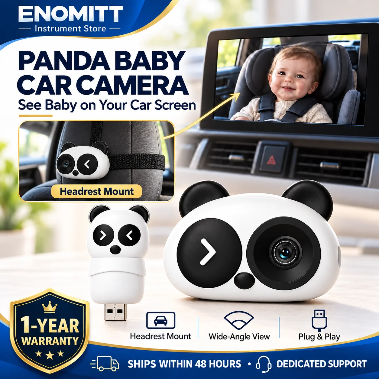 Panda Baby Car Camera with Wireless CarPlay Adapter, 1080P HD Rear Seat Infant Monitor, Night Vision, Wide Angle, Headrest Mount