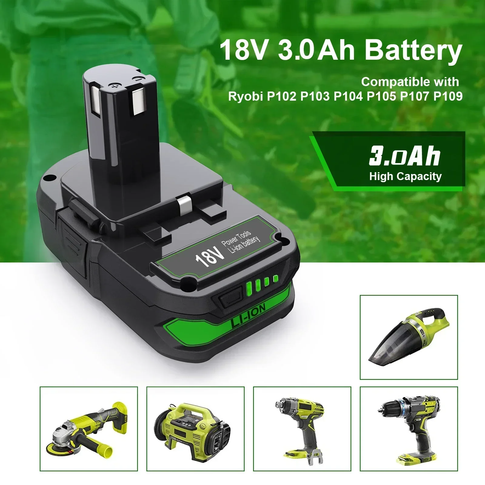 18V 3.0Ah Lithium Battery For Ryobi RB18L50 Lithium-ion Replacement Battery for Ryobi RB18L25 RB18L15 P108 P102 P103 with LED