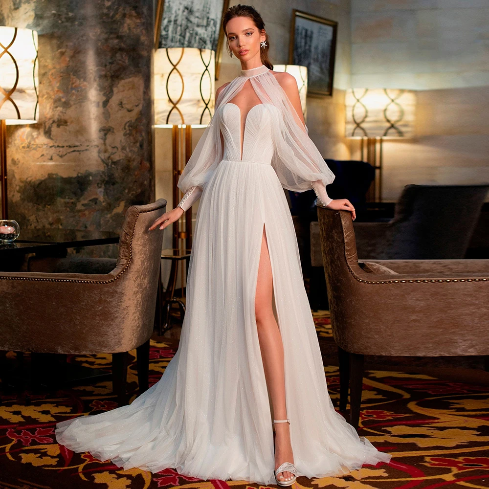 

Блестящее тюлевое свадебное платье по индивидуальному заказу, женское элегантное свадебное платье с глубоким v-образным вырезом и боковым разрезом, трапециевидное платье со шлейфом, Vestidos De Novia