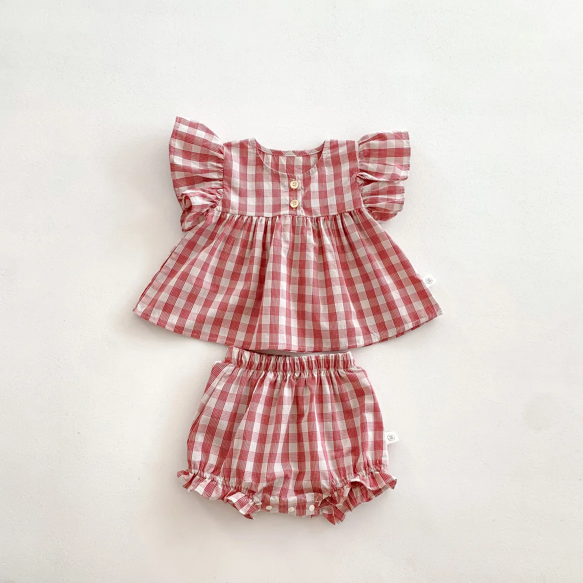 New Baby Girls Clothing Set Summer Toddler Baby Girls Suit Flying Sleeve Plaid Tees + Shorts Infant Sets for 0-2Y