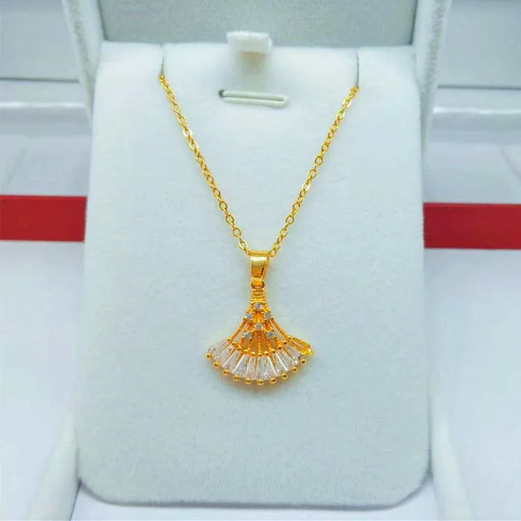 Real 18k Gold Color Gold Studded Diamond Skirt Pendant Necklace Chain for Women Bride Party Real Gold Color Pendant Jewelry Gift