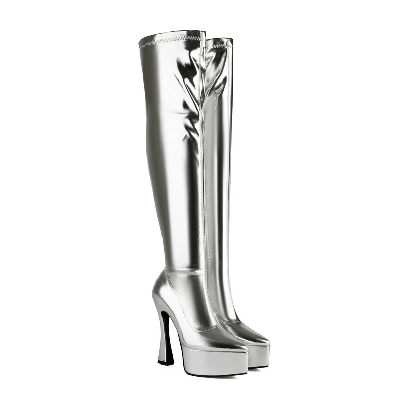 Puntschoen Dunne Hoge Hakken Gouden Overknees Puntschoen Platform Sexy Dame Winter Herfst Schoenen Zilveren Over-de-knie Stretch Laarzen