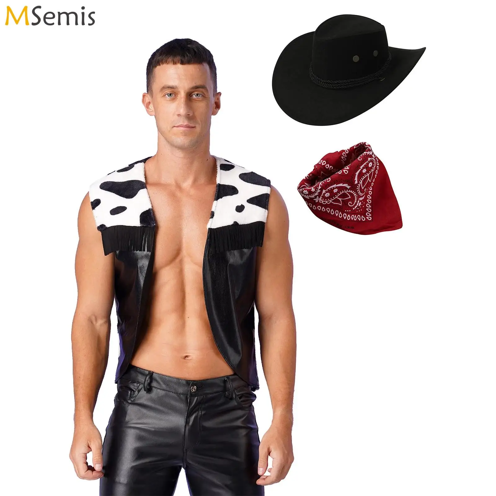 

3pcs Men Flannel Vest Autumn Fashion Cow Printed Waistcoat Outfits Hippie Outerwear Women Men Cowboy Cowgirl Fancy Dress Costume