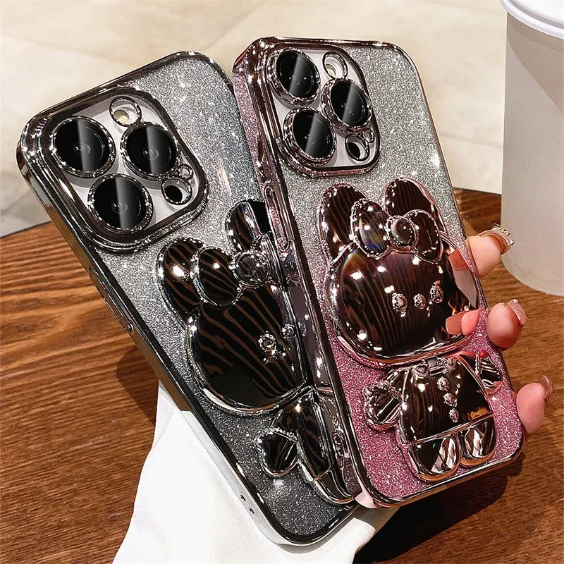 

Складное зеркало для макияжа в виде кролика, вращающийся держатель, чехол для телефона IPhone 16, 15, 14 Pro Max, 5G для Apple, блестящий противоударный чехол