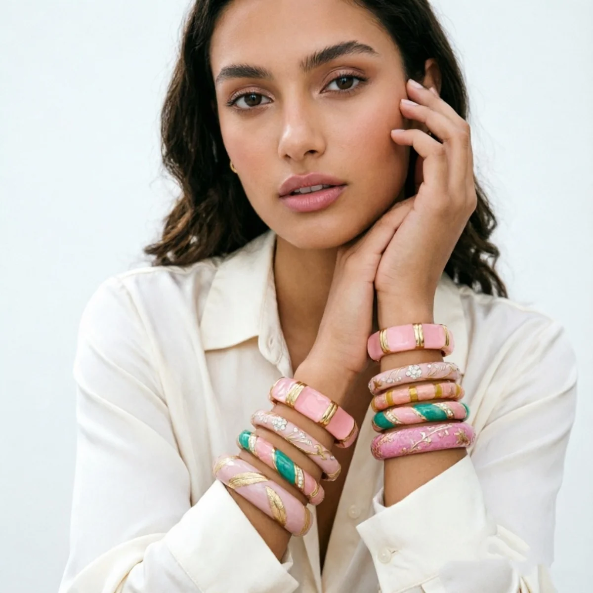 Vintage Pink-Serie Emaille-Manschettenarmbänder für Damen und Herren, Modisches Weichrosa Block-Muster mit Gedrehten Blättern, Blumen und Sternen, Armreif-Schmuck – Detail 19
