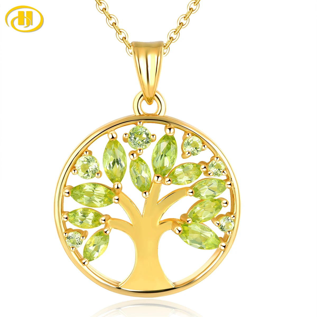 Natural Peridot Sterling Silver Pendant Yellow Gold Plated 1.5 Carats Genuine Gemstone Classic Romantic Women's Anniversary Gift