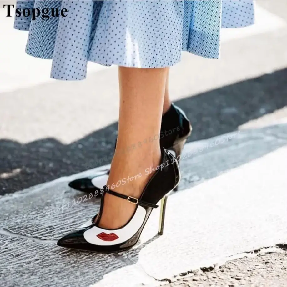 

Mixed Color Patent Leather Lip Pointy Pumps Thin High Heel Shoes For Women Buckle Strap Pointed Toe Casual Party Women Pumps