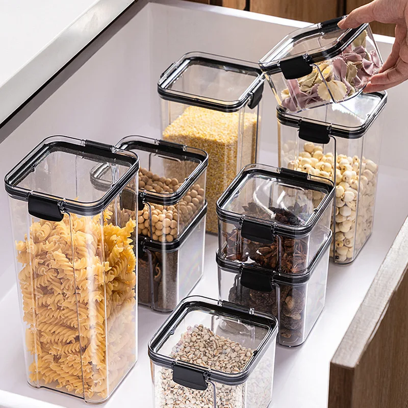 Hermetic Food Storage Pots Transparent Spices Condiment Jars Fridge Organizer Kitchen Rice Bucket Cereal Dispenser with Lids