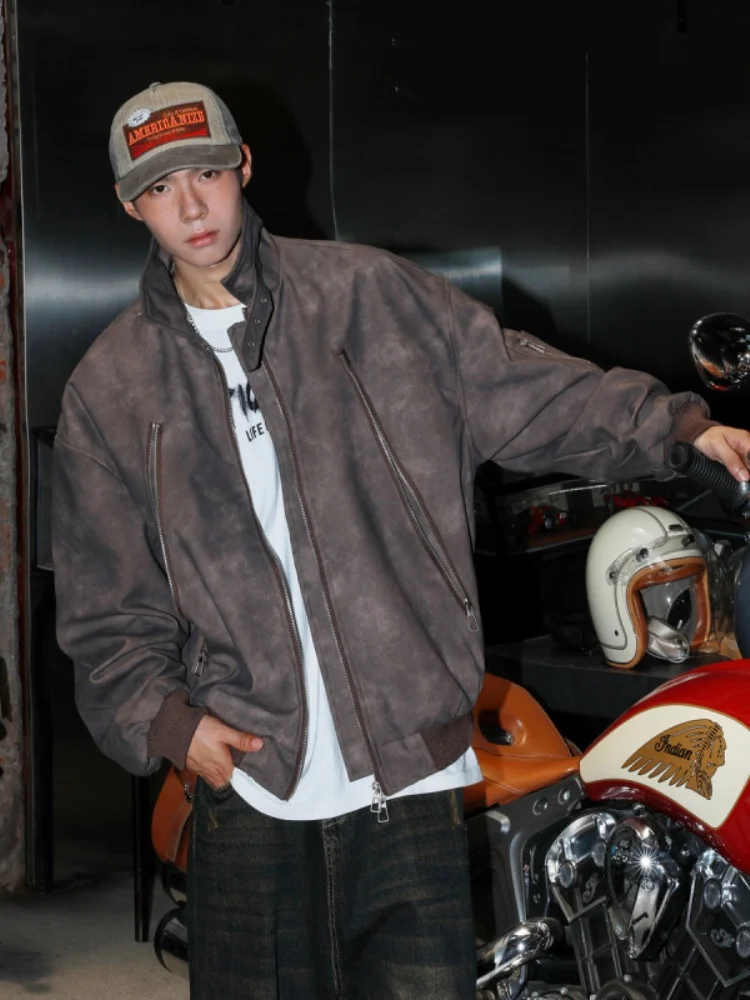 

Cool Haome Men's PU Leather Jaet Spring Autumn Flip Collar Zipper Design Casual Faion Outerwear Long Sve Windproof