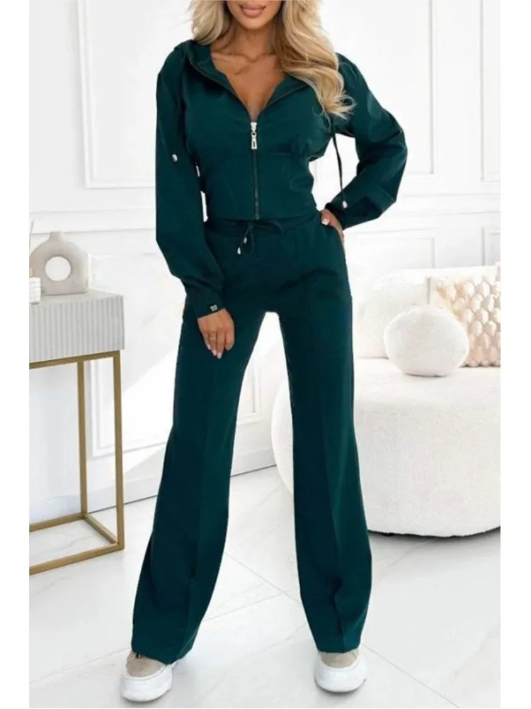 Autumn And Winter Hooded Zipper Jacket Tight Solid Color Two-piece Sets Women Fashion Casual New Wide Leg Pants 2 Piece Set