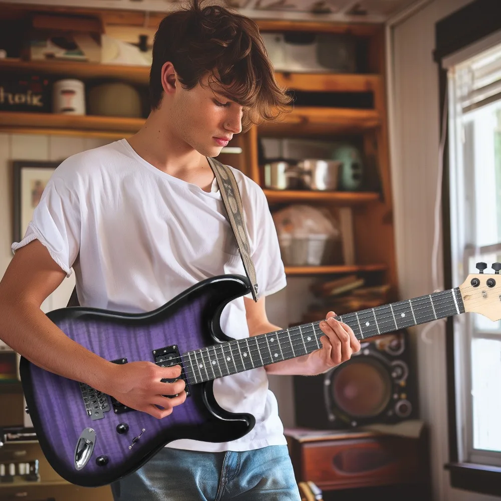 طقم جيتار كهربائي أنيق من خشب الزيزفون على شكل نمر من KST مع أمبير وحقيبة 20 وات