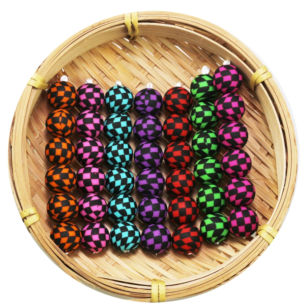 2024 New Products Colorful Checkered Print Silicone Beads 15MM Baby Round DIY Beaded Pen Chewing Toy Accessories