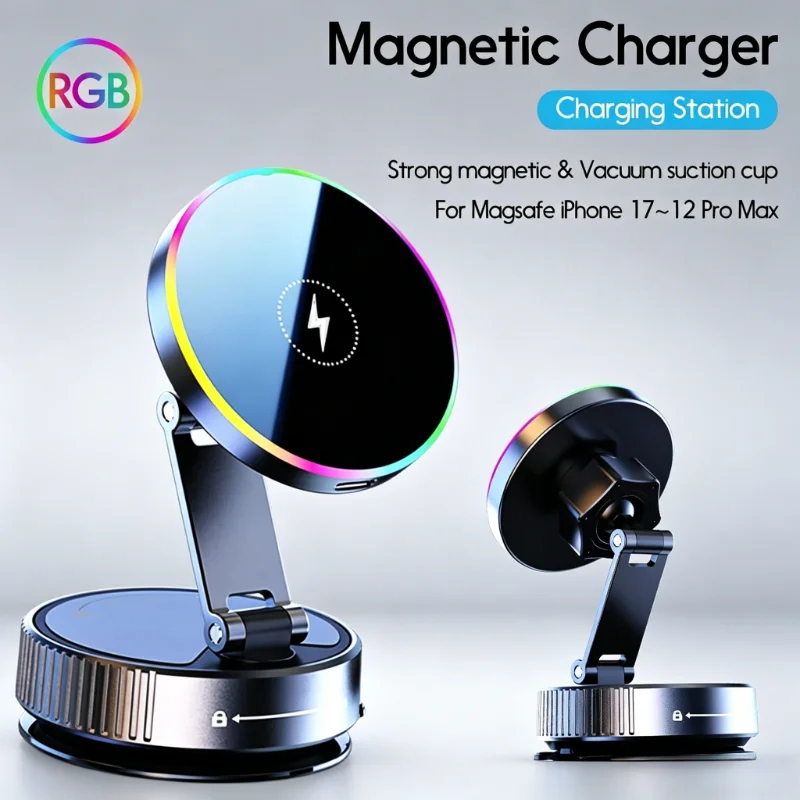 Suporte Magnético para Carro com Carregador Sem Fio RGB 15W para iPhone Magsafe 17~12, Ideal para Academia/Condução, Carregamento Rápido