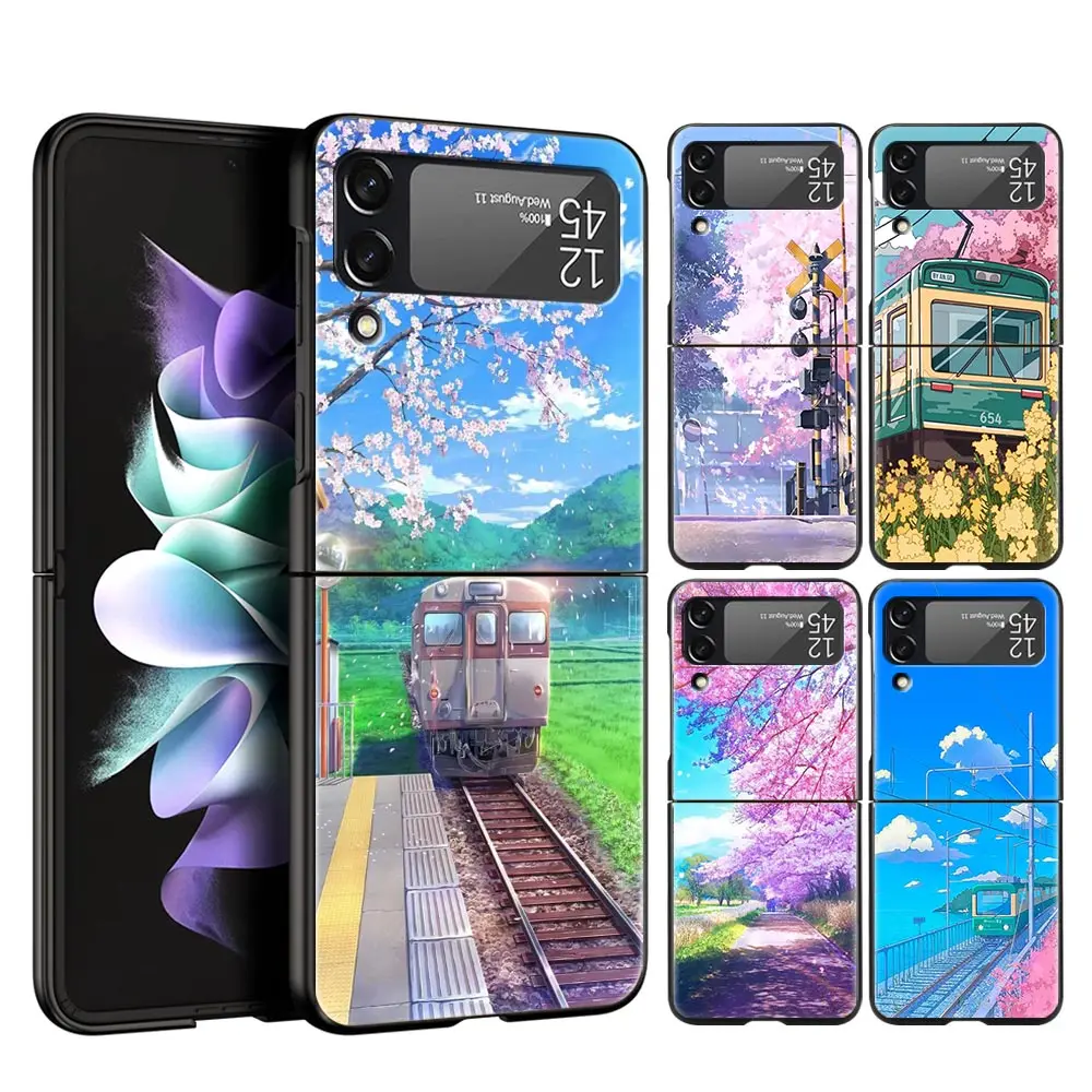 

Cherry Blossoms Japanese Traint Moun Fuji Phone Case for Samsung Galaxy Z Flip 3 4 5 Shell For Samsung Z Flip3 Flip4 Hard Cover