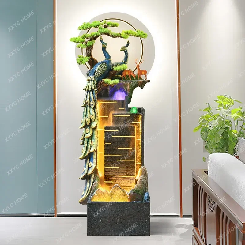 Peacock Rockery Water Flow Floor Ornament Living Room Entrance Office Wealth Feng Shui Wheel Decoration