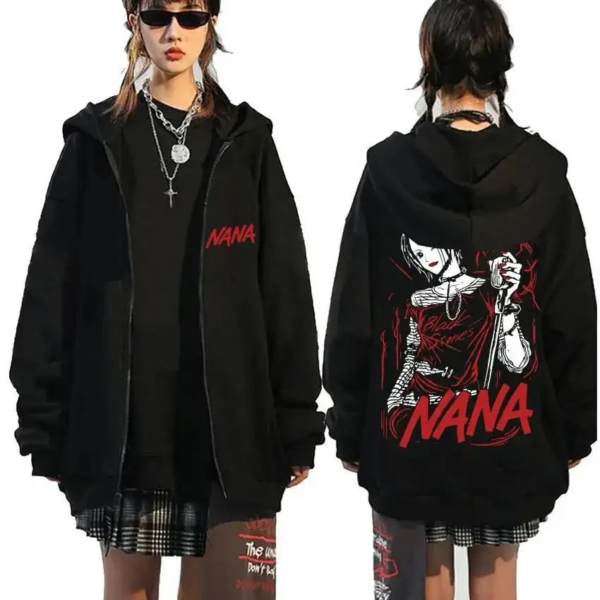 Men\'s Japanese Anime Graphic Zip Hoodie Nana Osaki Sweatshirt Oversized Zip Up Jacket Trendy Fashion Manga Unisex Streetwear